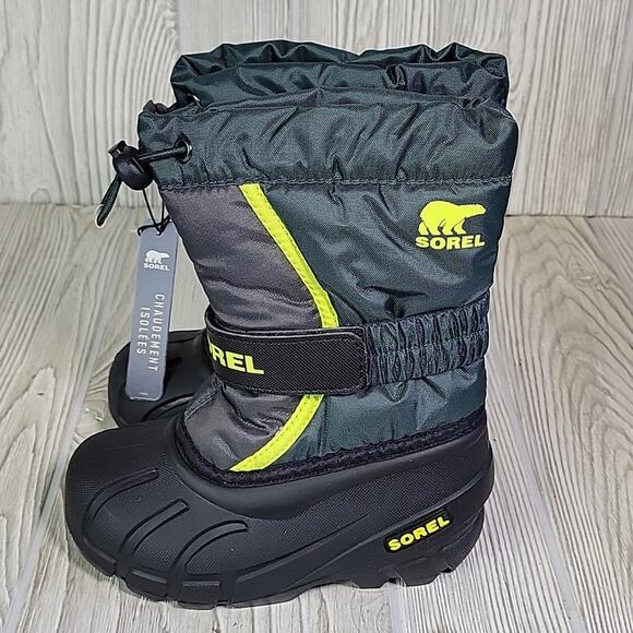 Sorel Flurry Winter Snow Boots Green Black Waterproof Kids Toddler Size 9 NIB - Picture 6 of 14
